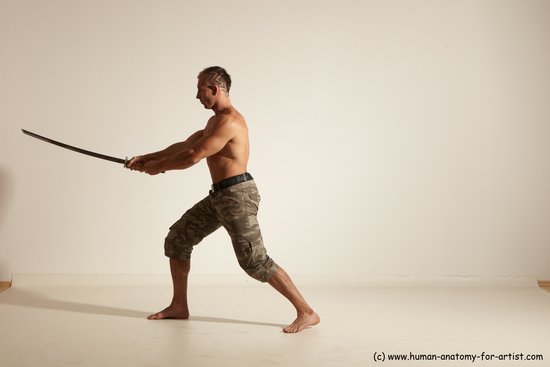 Fighting with sword Man White Moving poses Muscular Short Brown Dynamic poses Academic