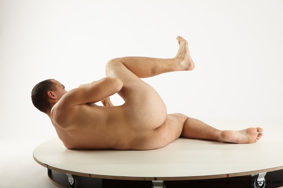 Nude Martial art Man White Laying poses - ALL Slim Short Brown Laying poses - on side Realistic