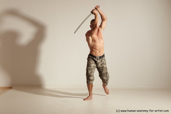 Fighting with sword Man White Moving poses Muscular Short Brown Dynamic poses Academic