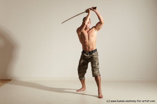 Fighting with sword Man White Moving poses Muscular Short Brown Dynamic poses Academic