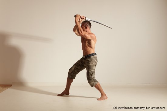 Fighting with sword Man White Moving poses Muscular Short Brown Dynamic poses Academic