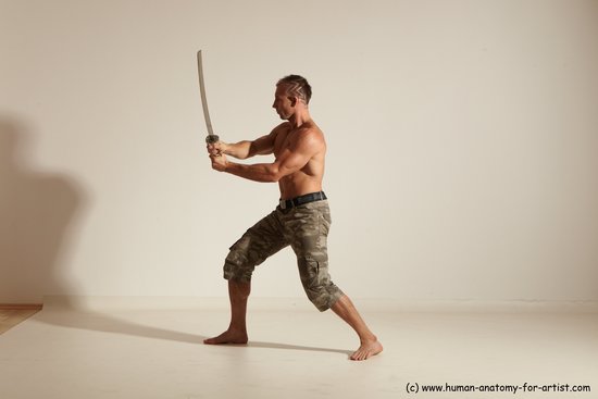 Fighting with sword Man White Moving poses Muscular Short Brown Dynamic poses Academic