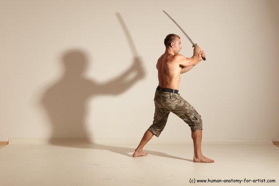 Fighting with sword Man White Moving poses Muscular Short Brown Dynamic poses Academic