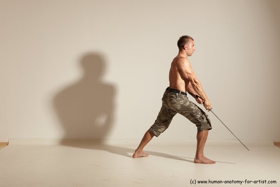 Fighting with sword Man White Moving poses Muscular Short Brown Dynamic poses Academic