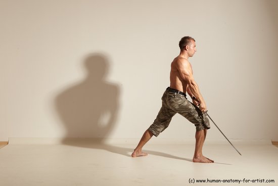 Fighting with sword Man White Moving poses Muscular Short Brown Dynamic poses Academic