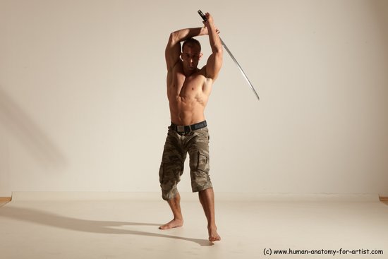 Fighting with sword Man White Moving poses Muscular Short Brown Dynamic poses Academic