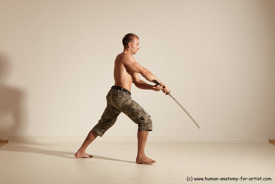 Fighting with sword Man White Moving poses Muscular Short Brown Dynamic poses Academic