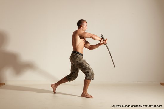 Fighting with sword Man White Moving poses Muscular Short Brown Dynamic poses Academic