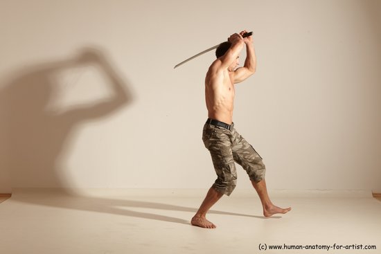 Fighting with sword Man White Moving poses Muscular Short Brown Dynamic poses Academic