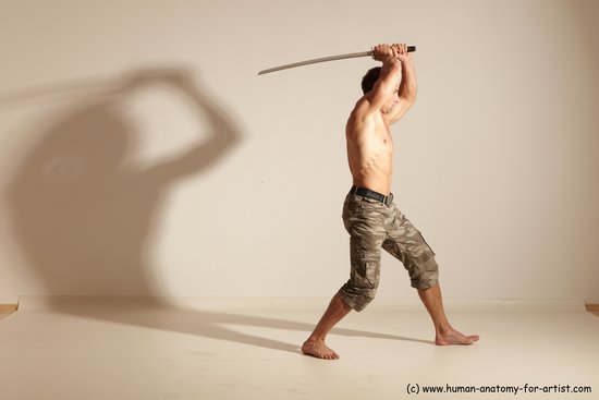 Fighting with sword Man White Moving poses Muscular Short Brown Dynamic poses Academic