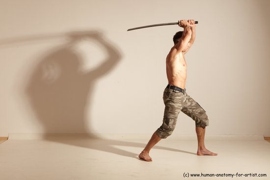 Fighting with sword Man White Moving poses Muscular Short Brown Dynamic poses Academic