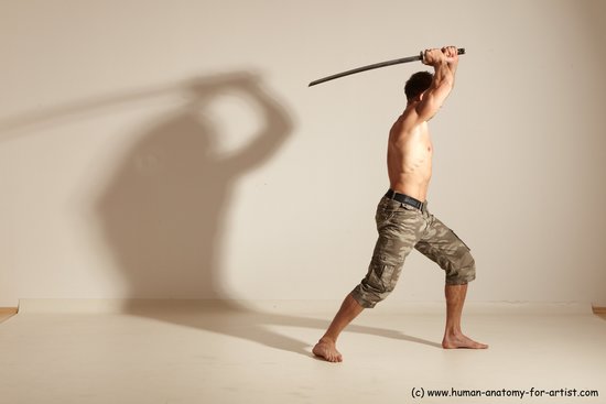 Fighting with sword Man White Moving poses Muscular Short Brown Dynamic poses Academic