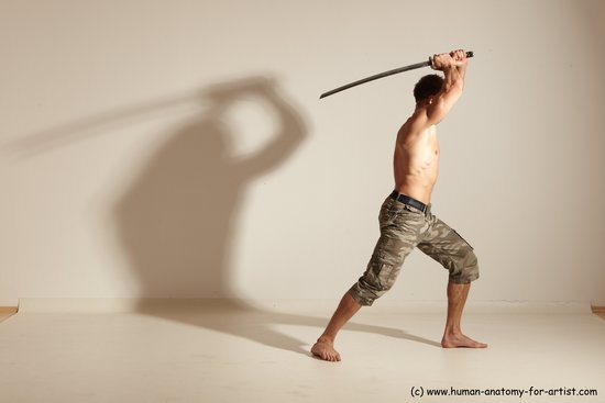 Fighting with sword Man White Moving poses Muscular Short Brown Dynamic poses Academic