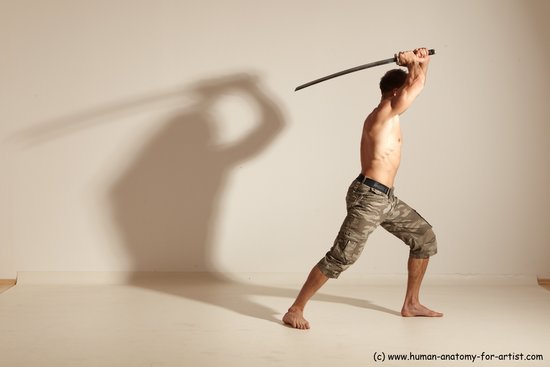 Fighting with sword Man White Moving poses Muscular Short Brown Dynamic poses Academic