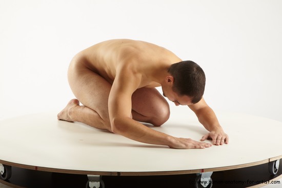 Nude Man White Kneeling poses - ALL Slim Short Brown Kneeling poses - on both knees Realistic