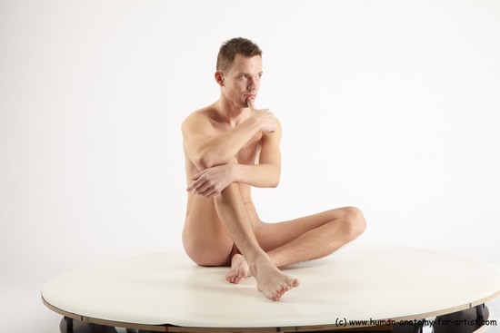 Nude Man White Sitting poses - simple Slim Short Brown Sitting poses - ALL Realistic