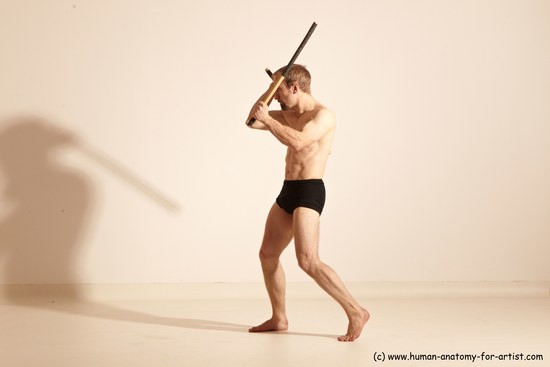 Underwear Fighting Man White Moving poses Slim Short Blond Dynamic poses Academic