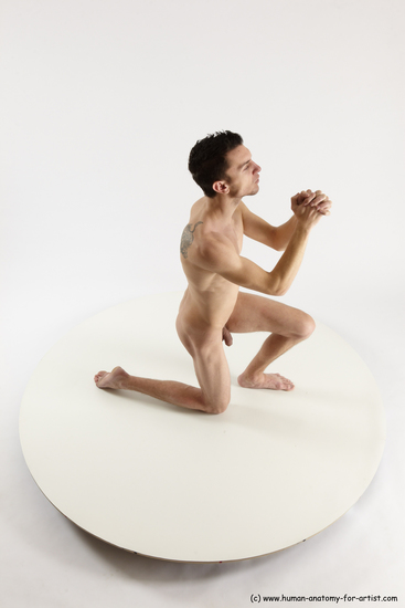 Nude Man White Kneeling poses - ALL Slim Short Brown Kneeling poses - on one knee Multi angles poses Realistic