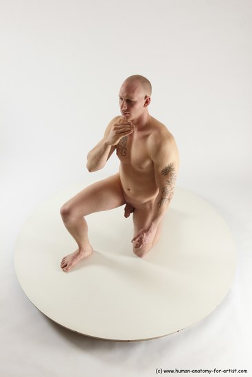 Nude Man White Kneeling poses - ALL Slim Bald Kneeling poses - on one knee Multi angles poses Realistic