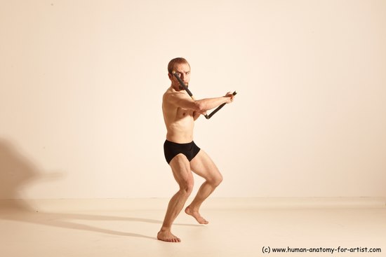 Underwear Fighting Man White Moving poses Slim Short Blond Dynamic poses Academic