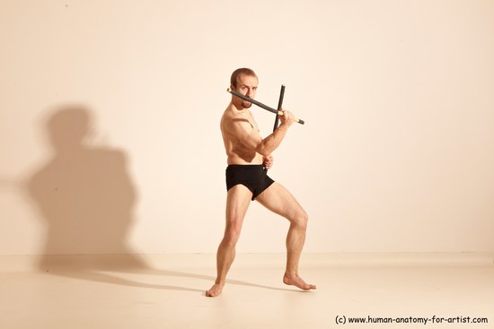 Underwear Fighting Man White Moving poses Slim Short Blond Dynamic poses Academic