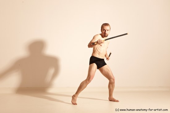 Underwear Fighting Man White Moving poses Slim Short Blond Dynamic poses Academic