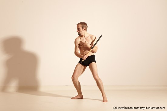 Underwear Fighting Man White Moving poses Slim Short Blond Dynamic poses Academic