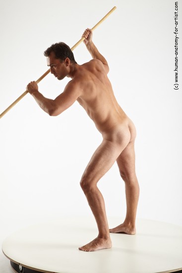 Nude Fighting with spear Man White Standing poses - ALL Slim Short Brown Standing poses - simple Realistic