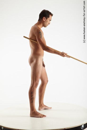 Nude Fighting with spear Man White Standing poses - ALL Slim Short Brown Standing poses - simple Realistic