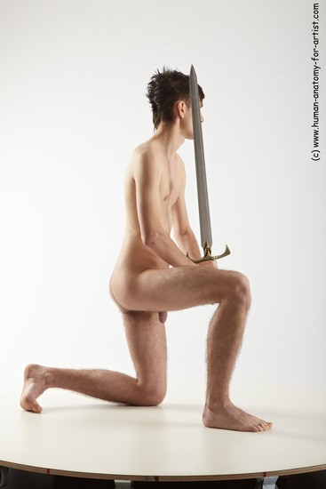 Nude Fighting with sword Man White Kneeling poses - ALL Slim Short Brown Kneeling poses - on one knee Realistic