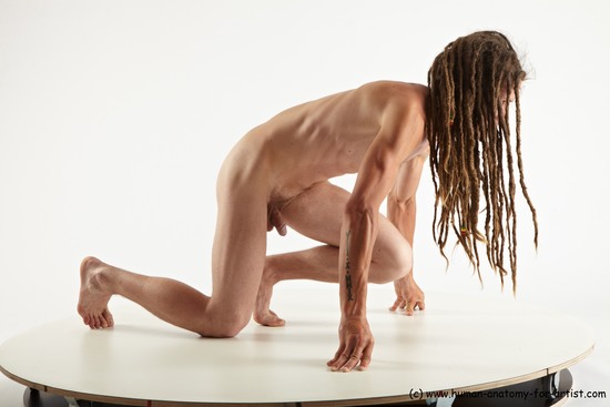 Nude Man White Kneeling poses - ALL Slim Brown Kneeling poses - on one knee Dreadlocks Realistic