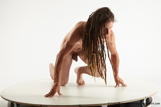 Nude Man White Kneeling poses - ALL Slim Brown Kneeling poses - on one knee Dreadlocks Realistic