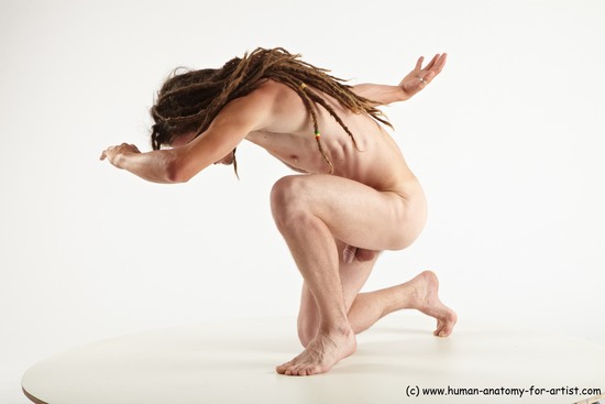 Nude Man White Kneeling poses - ALL Slim Brown Kneeling poses - on one knee Dreadlocks Realistic