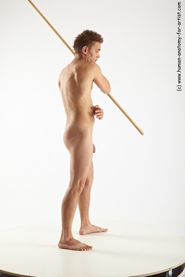 Nude Fighting with spear Man White Standing poses - ALL Slim Short Brown Standing poses - simple Realistic