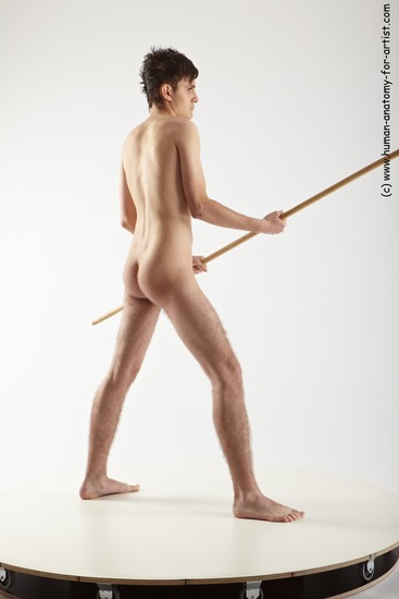 Nude Fighting with spear Man White Standing poses - ALL Slim Short Brown Standing poses - simple Realistic