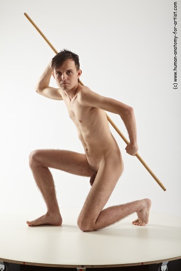 Nude Fighting with spear Man White Kneeling poses - ALL Slim Short Brown Kneeling poses - on one knee Realistic