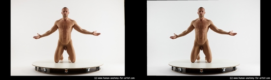 Nude Man White Kneeling poses - ALL Muscular Short Brown Kneeling poses - on both knees 3D Stereoscopic poses Realistic