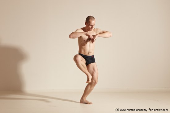 Underwear Gymnastic poses Man White Slim Bald Dancing Dynamic poses Academic