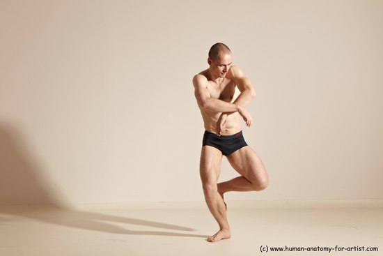 Underwear Gymnastic poses Man White Slim Bald Dancing Dynamic poses Academic