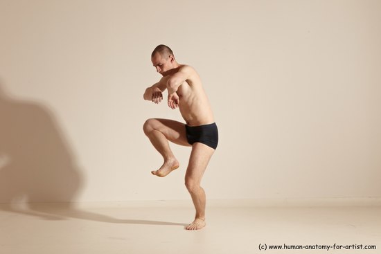 Underwear Gymnastic poses Man White Slim Bald Dancing Dynamic poses Academic