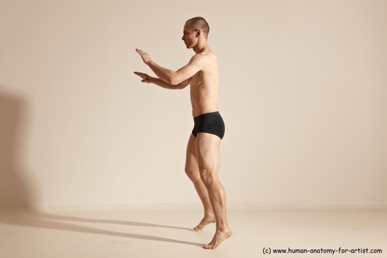 Underwear Gymnastic poses Man White Slim Bald Dancing Dynamic poses Academic