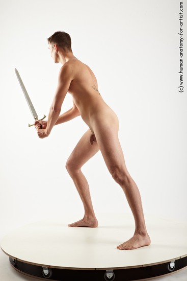 Nude Fighting with sword Man White Standing poses - ALL Slim Short Brown Standing poses - simple Realistic