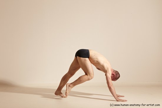 Underwear Gymnastic poses Man White Slim Bald Dancing Dynamic poses Academic