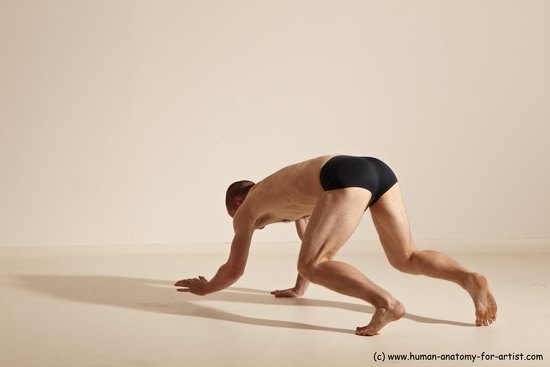 Underwear Gymnastic poses Man White Slim Bald Dancing Dynamic poses Academic