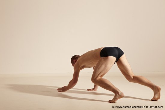 Underwear Gymnastic poses Man White Slim Bald Dancing Dynamic poses Academic