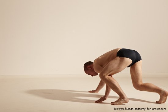 Underwear Gymnastic poses Man White Slim Bald Dancing Dynamic poses Academic