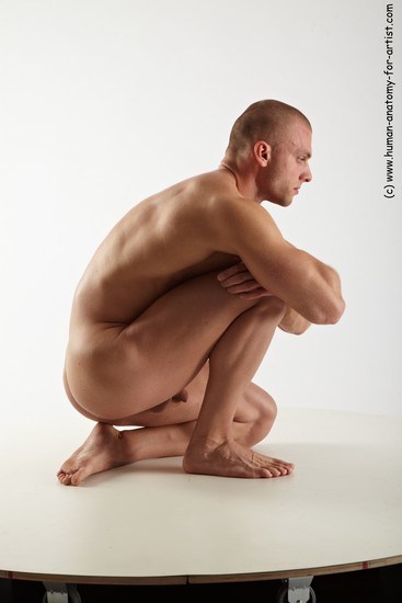 Nude Man White Muscular Short Brown Sitting poses - ALL Sitting poses - on knees Realistic