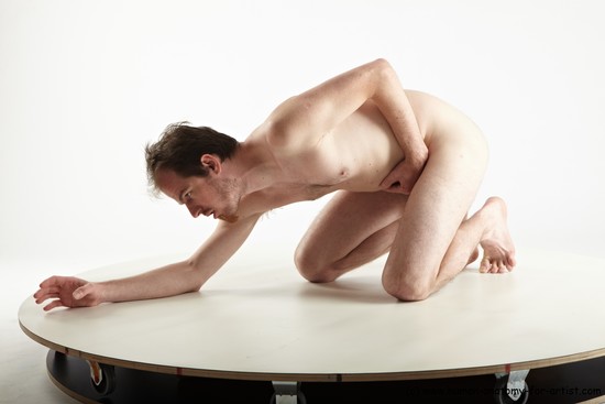 Nude Man White Kneeling poses - ALL Slim Short Brown Kneeling poses - on both knees Realistic