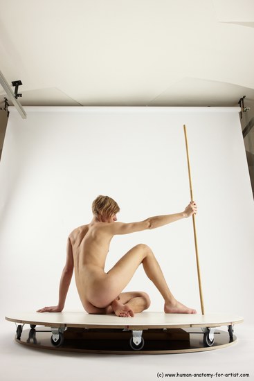 Nude Fighting with spear Man White Underweight Medium Brown Multi angles poses Realistic