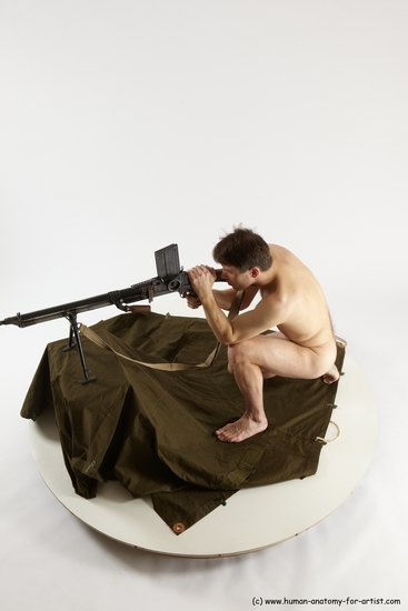 Nude Fighting with submachine gun Man White Slim Short Brown Multi angles poses Realistic